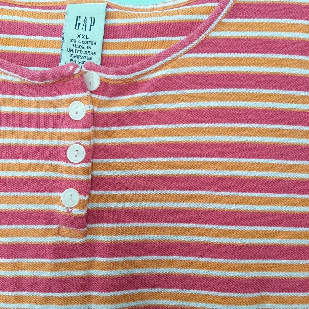 90s GAP Y2K Striped Knit T Henley Button Preppy Retro Y2K Orange Pink Cotton S/M - Picture 2 of 6
